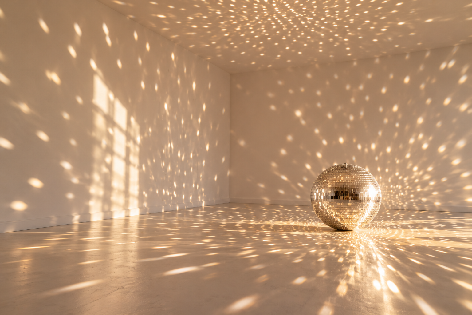 A sunlit room with disco reflections